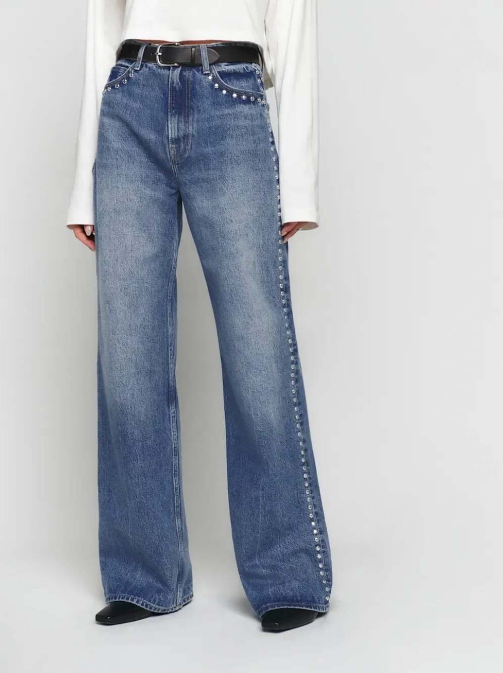 Reformation Cary High Rise Slouchy Wide Leg Long Jeans in Chesapeake Studded 24